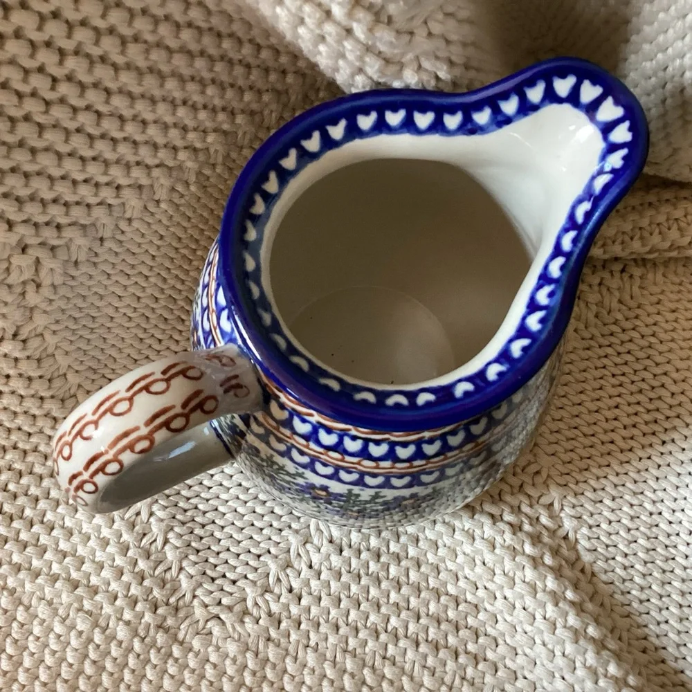 Polish Pottery Hand Painted Blue Design  Pitcher 6.5” 1 Quart signed B. Fidelus